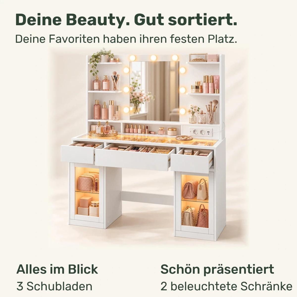 Schminktisch mit RGB-Beleuchtung und 2 Glasfächern Aurelia – 107 cm - nestful
