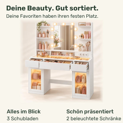 Schminktisch mit RGB-Beleuchtung und 2 Glasfächern Aurelia – 107 cm - nestful