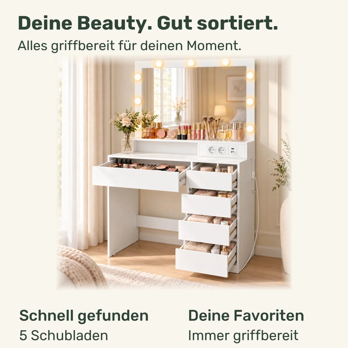 Schminktisch mit RGB-Beleuchtung und 5 Schubladen Yara – 80 cm - nestful