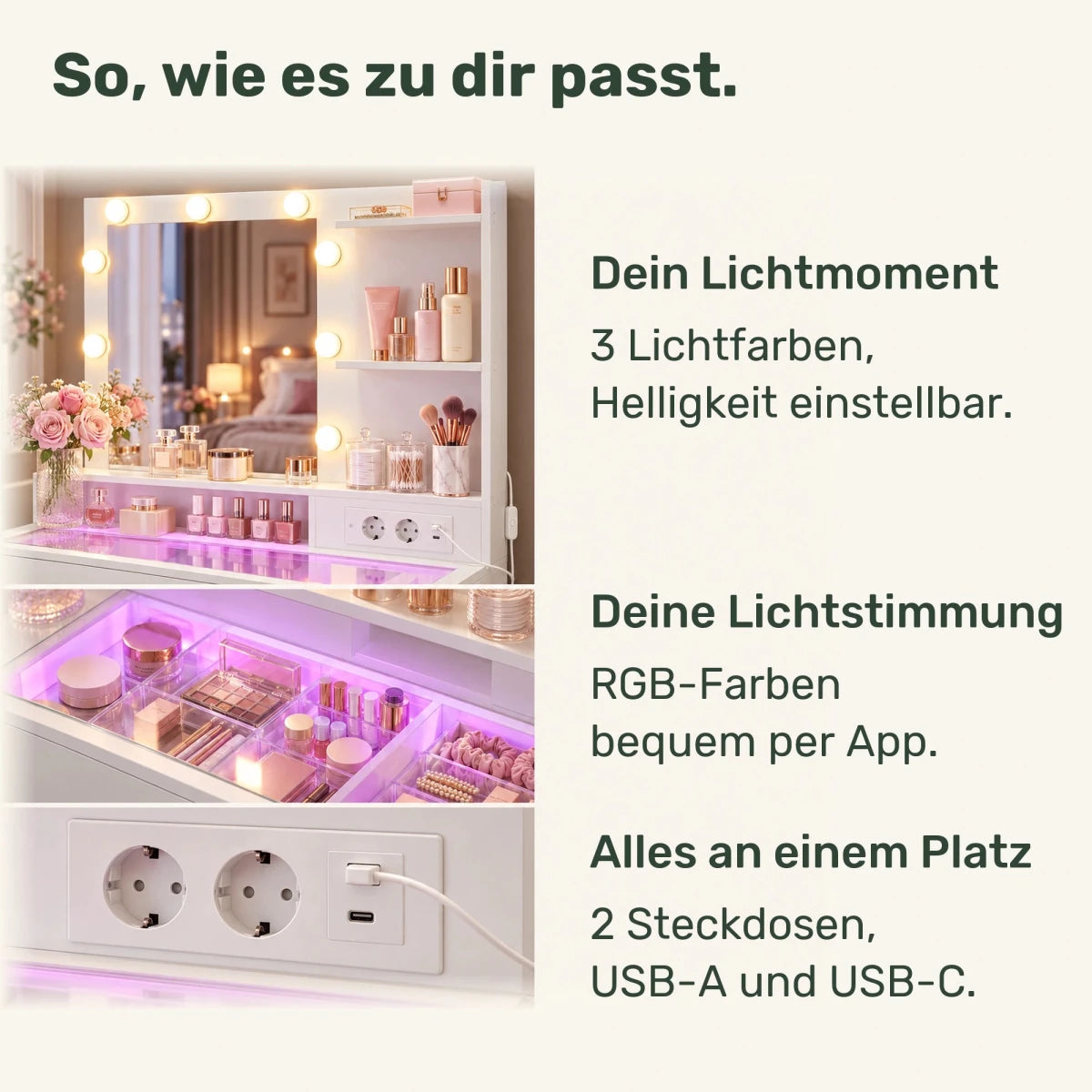 Schminktisch mit RGB-Beleuchtung und Glasfach Juna – 80 cm - nestful