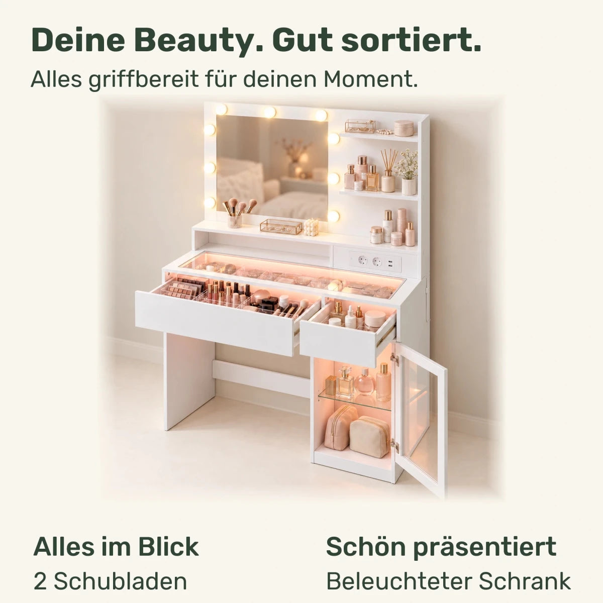 Schminktisch mit RGB-Beleuchtung und Glasfach Juna – 80 cm - nestful