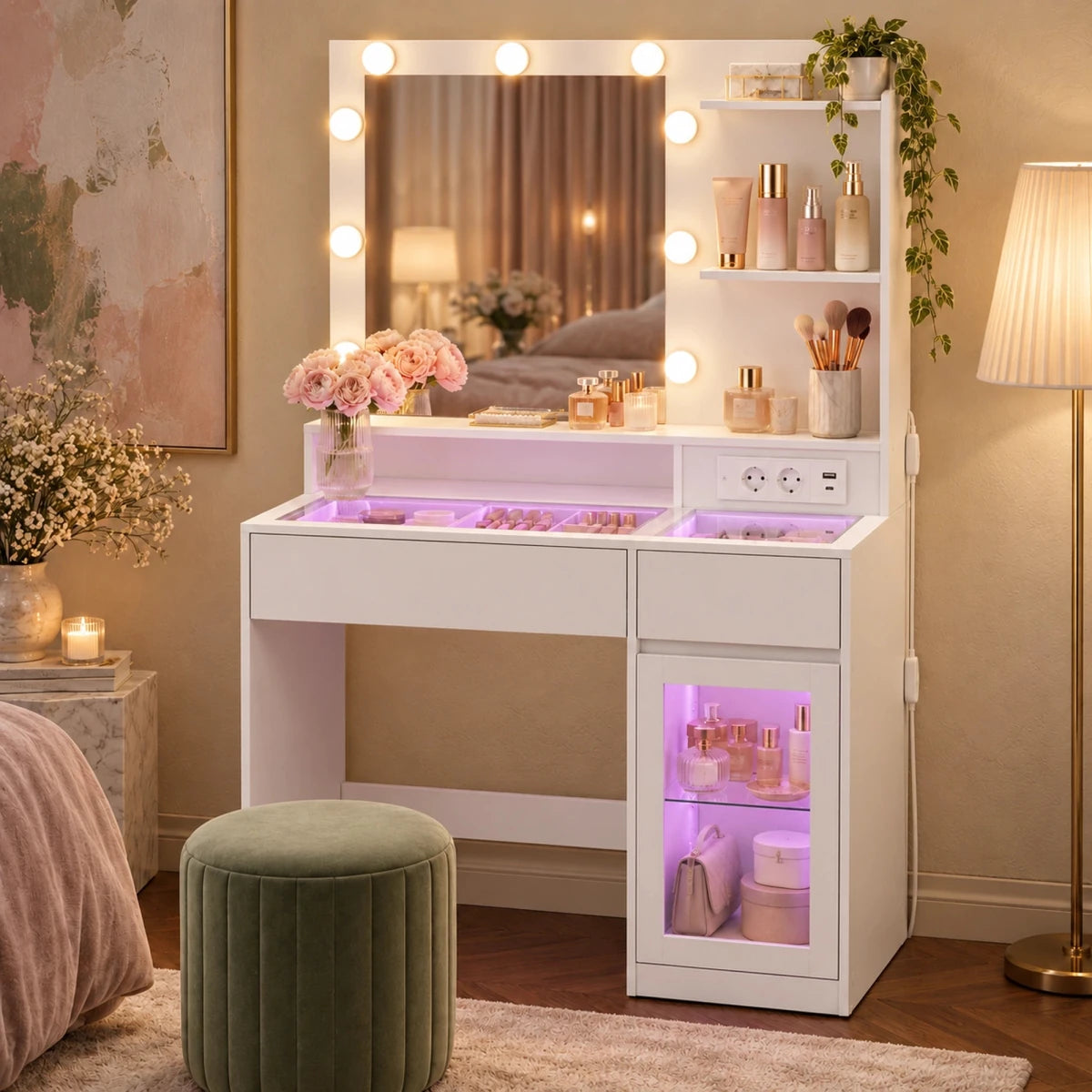 Schminktisch mit RGB-Beleuchtung und Glasfach Juna – 80 cm - nestful