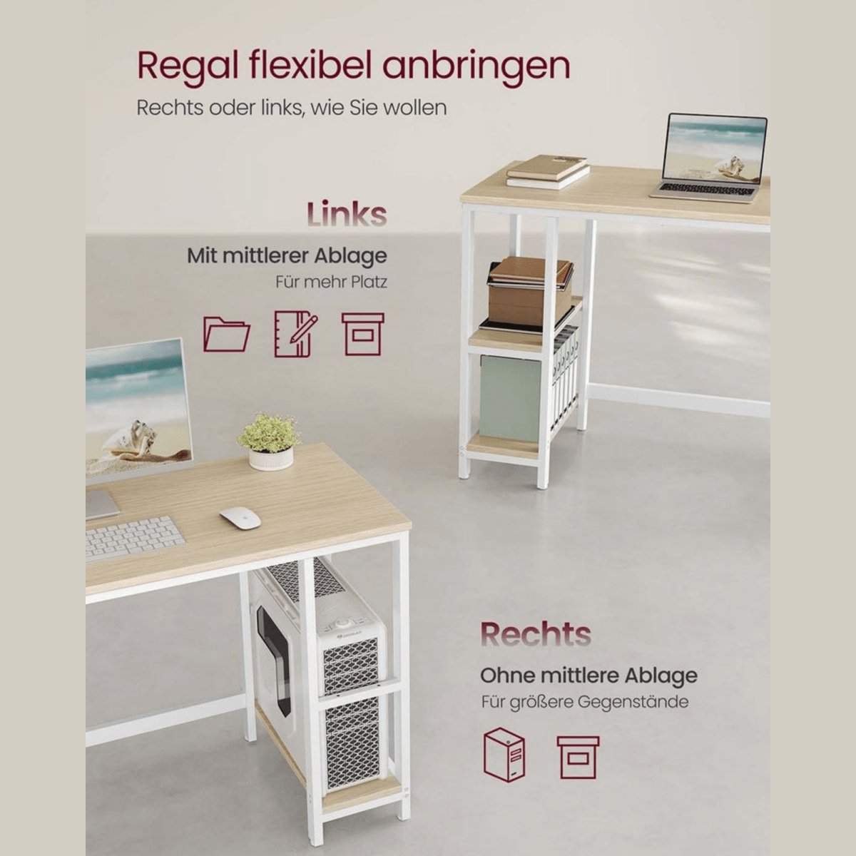 Schreibtisch 100 × 50 cm – Milo – mit 2 Ablagen im Industrie - Design - nestful