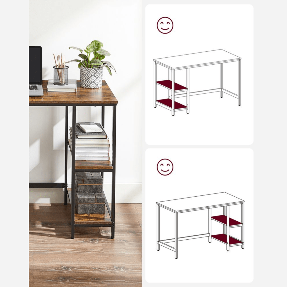 Schreibtisch 100 × 50 cm – Milo – mit 2 Ablagen im Industrie - Design - nestful
