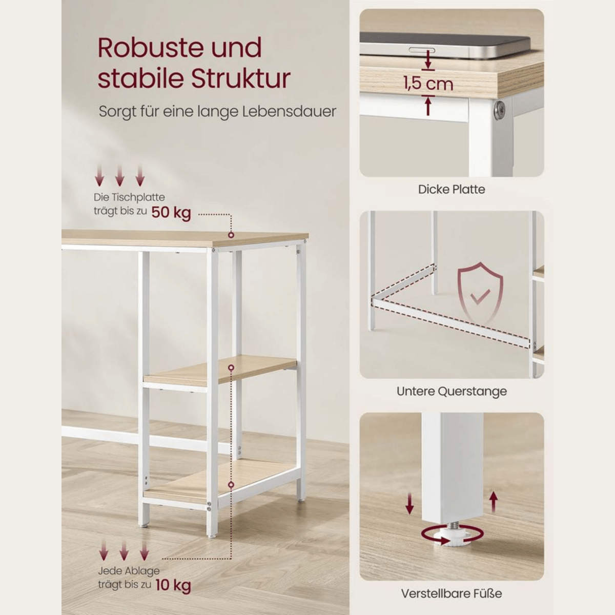 Schreibtisch 100 × 50 cm – Milo – mit 2 Ablagen im Industrie - Design - nestful