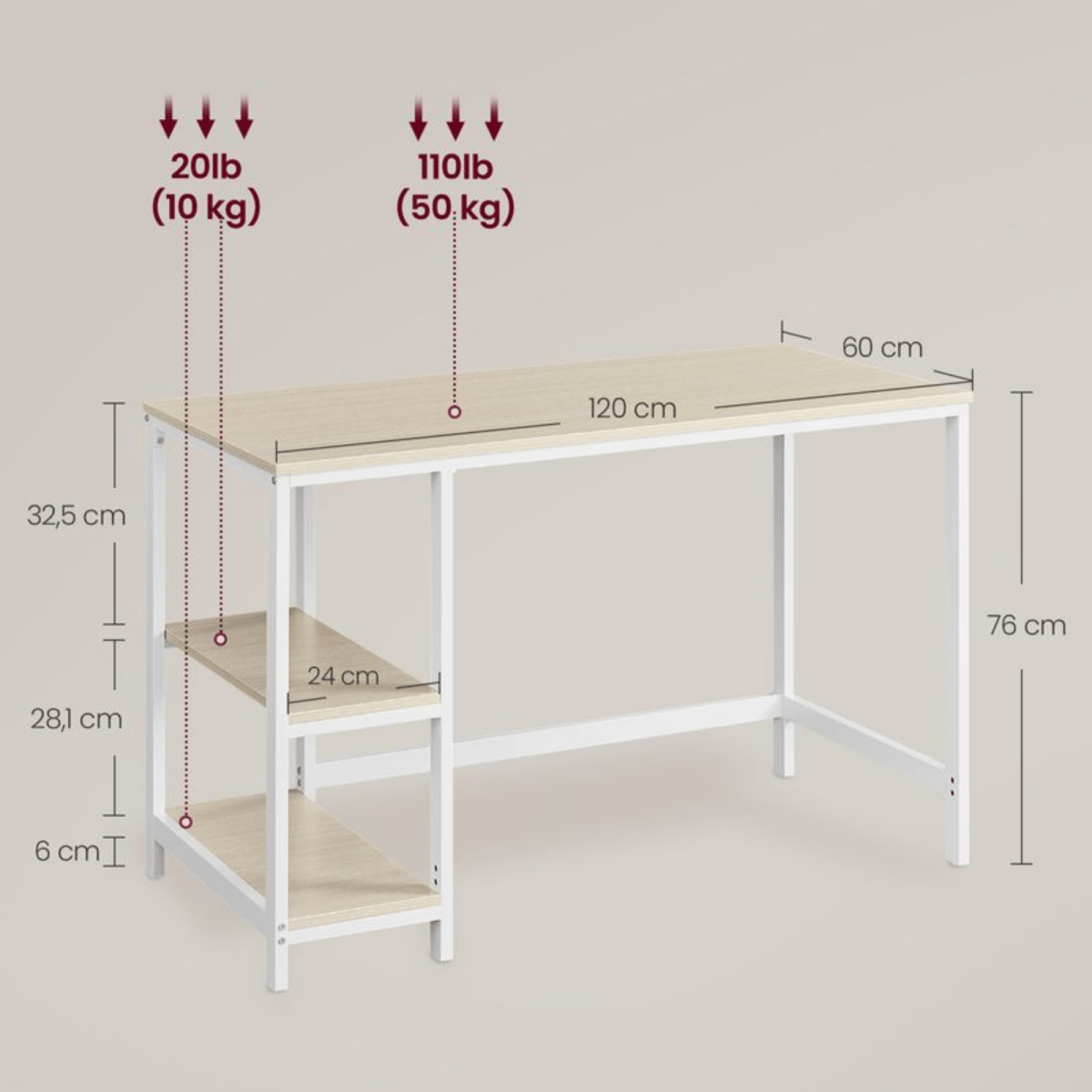 Schreibtisch 120 × 60 cm – Enzo – mit 2 Ablagen im Industrie - Design - nestful
