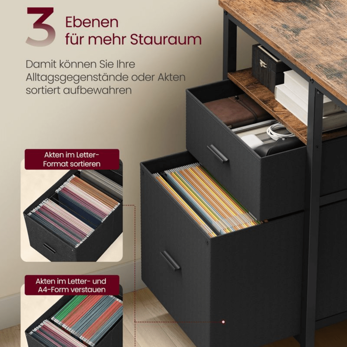 Schreibtisch 140 × 60 cm – Riva – mit 3 Ablagen & 2 Schubladen - nestful