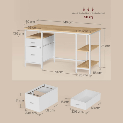 Schreibtisch 140 × 60 cm – Riva – mit 3 Ablagen & 2 Schubladen - nestful