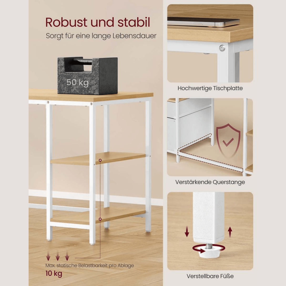 Schreibtisch 140 × 60 cm – Riva – mit 3 Ablagen & 2 Schubladen - nestful