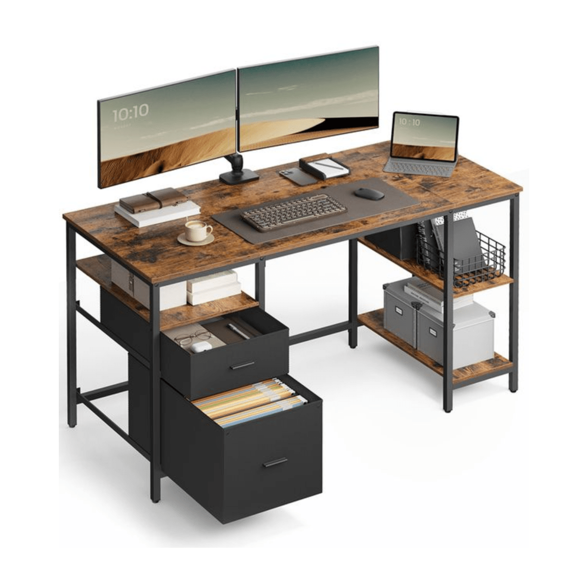 Schreibtisch 140 × 60 cm – Riva – mit 3 Ablagen & 2 Schubladen - nestful