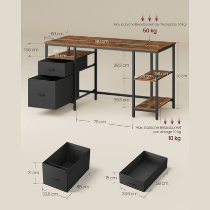 Schreibtisch 140 × 60 cm – Riva – mit 3 Ablagen & 2 Schubladen - nestful