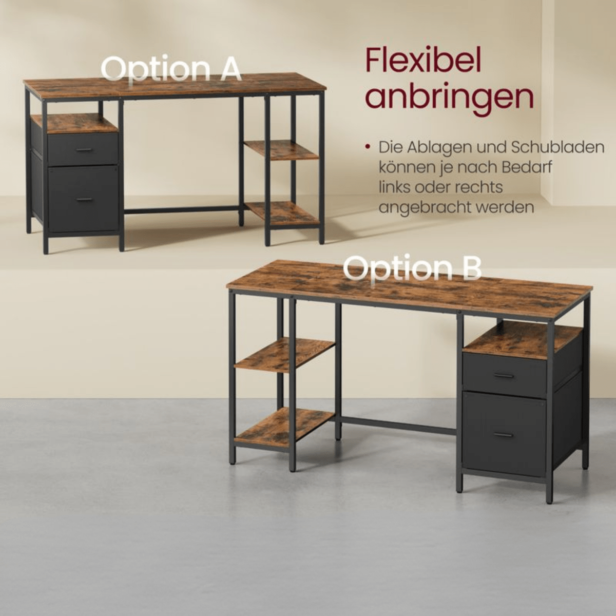 Schreibtisch 140 × 60 cm – Riva – mit 3 Ablagen & 2 Schubladen - nestful