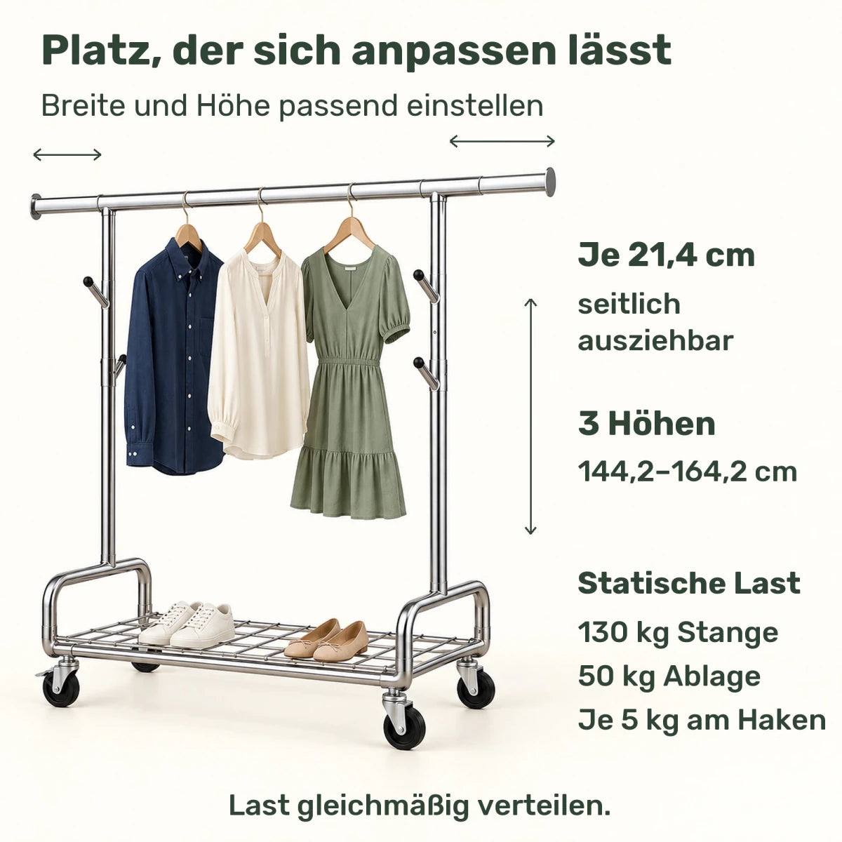 Schwerlast-Kleiderständer auf Rollen Luca – 200 kg, höhenverstellbar und ausziehbar - nestful