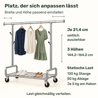 Schwerlast-Kleiderständer auf Rollen Luca – 200 kg, höhenverstellbar und ausziehbar - nestful