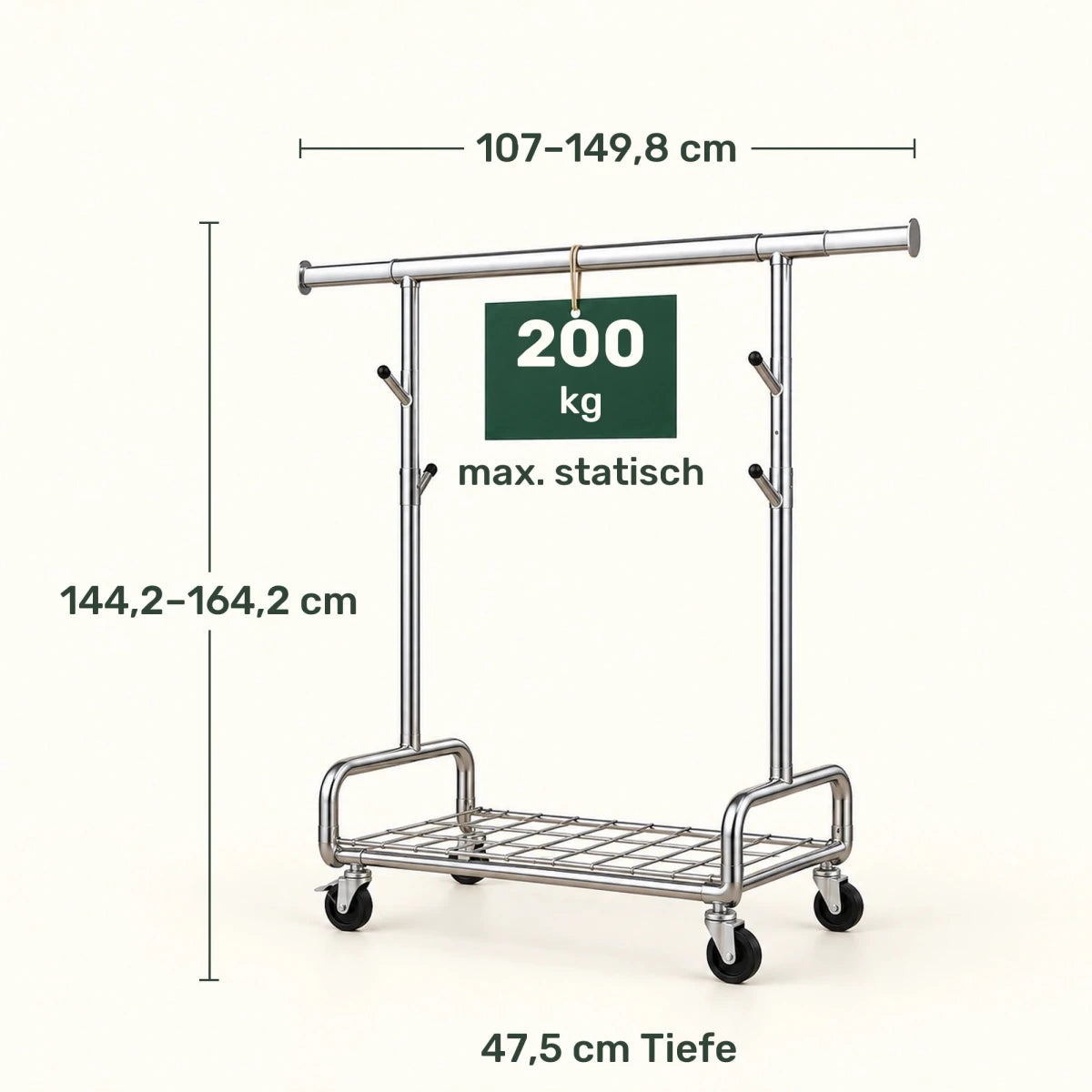 Schwerlast-Kleiderständer auf Rollen Luca – 200 kg, höhenverstellbar und ausziehbar - nestful