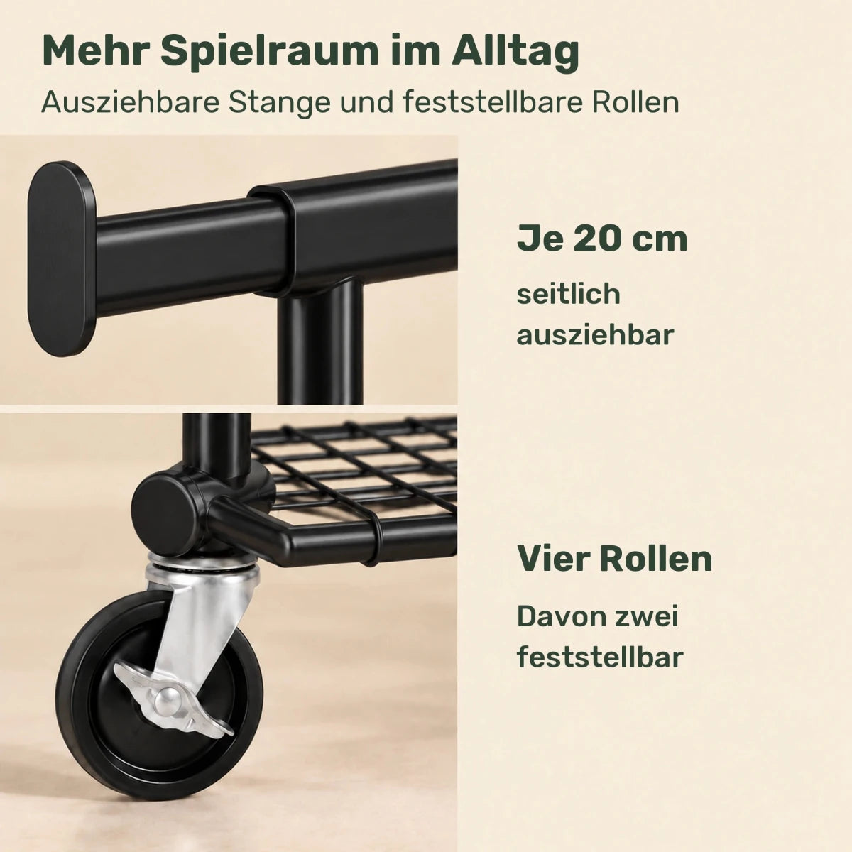 Schwerlast-Kleiderständer auf Rollen Tristan – 180 kg, ausziehbar mit Ablage - nestful