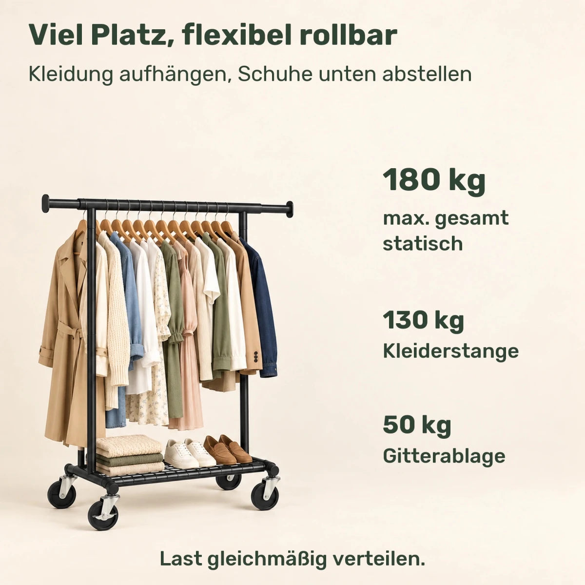 Schwerlast-Kleiderständer auf Rollen Tristan – 180 kg, ausziehbar mit Ablage - nestful
