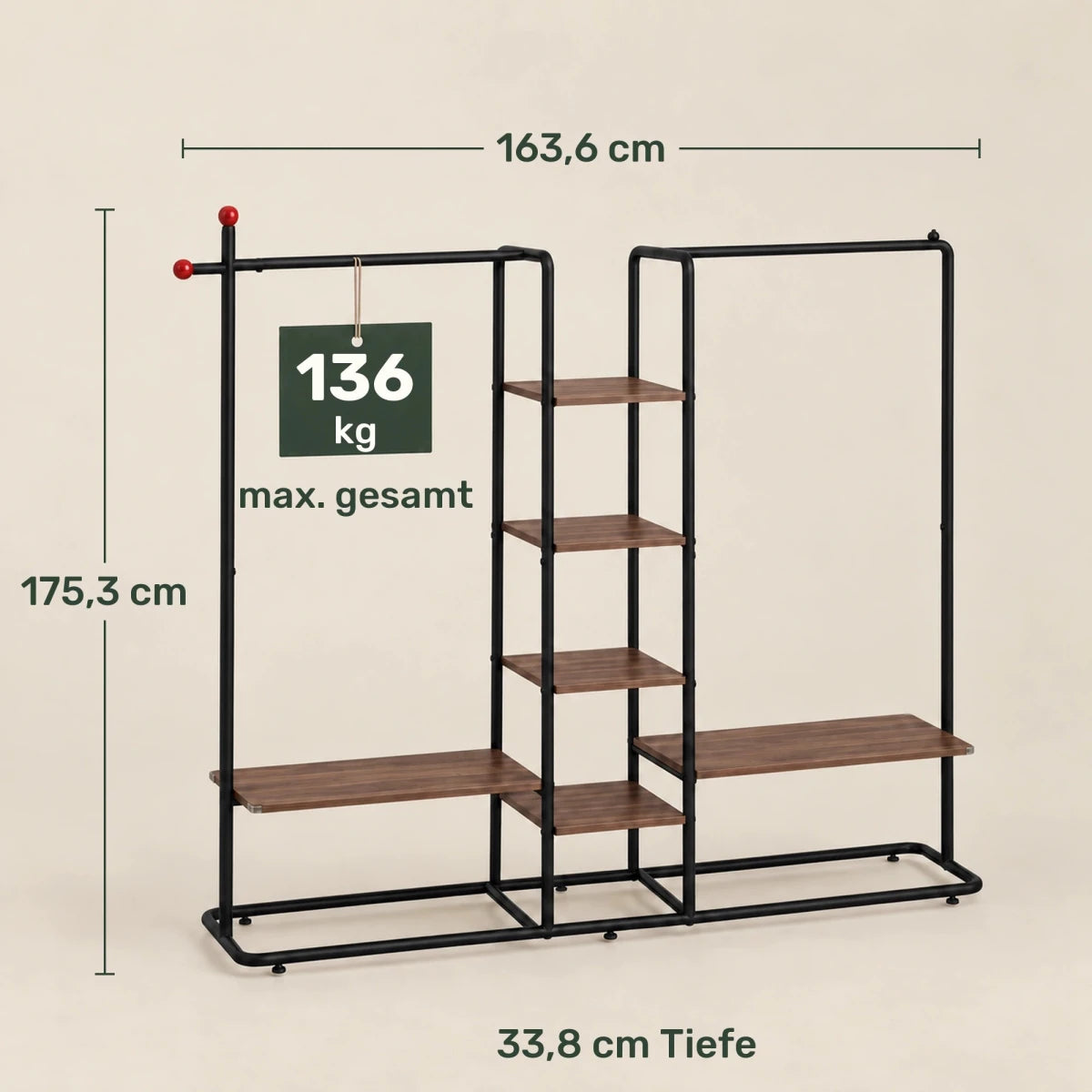 Schwerlast-Kleiderständer Milo – 136 kg, mit 2 Stangen und 6 Ablagen - nestful