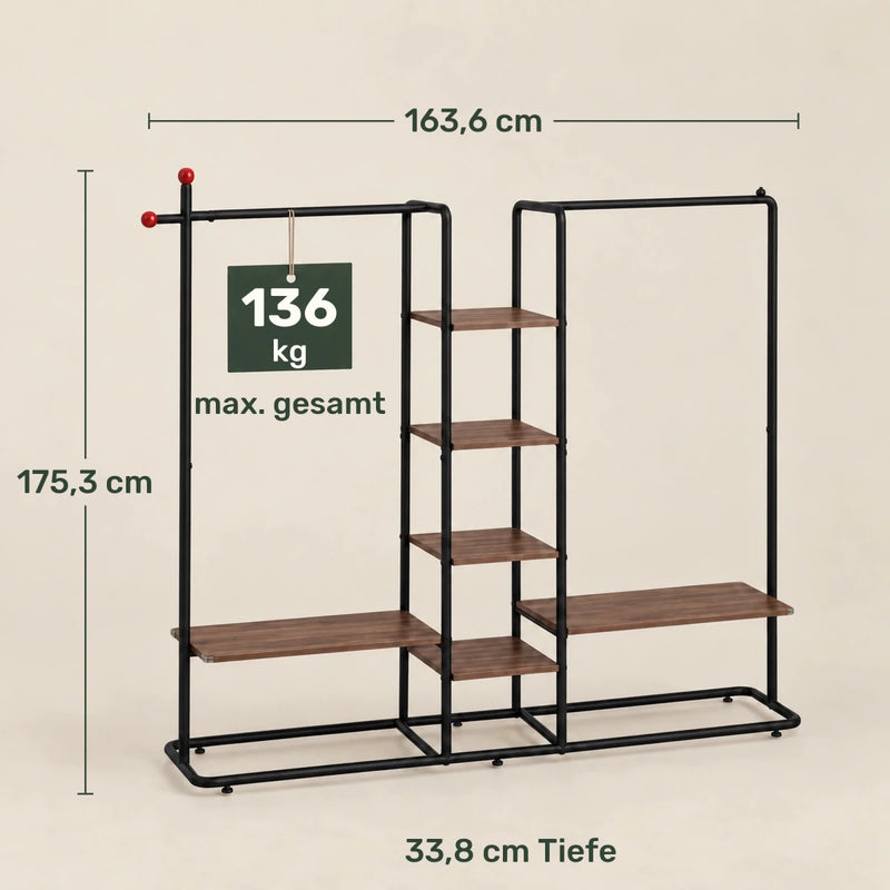 Schwerlast-Kleiderständer Milo – 136 kg, mit 2 Stangen und 6 Ablagen - nestful