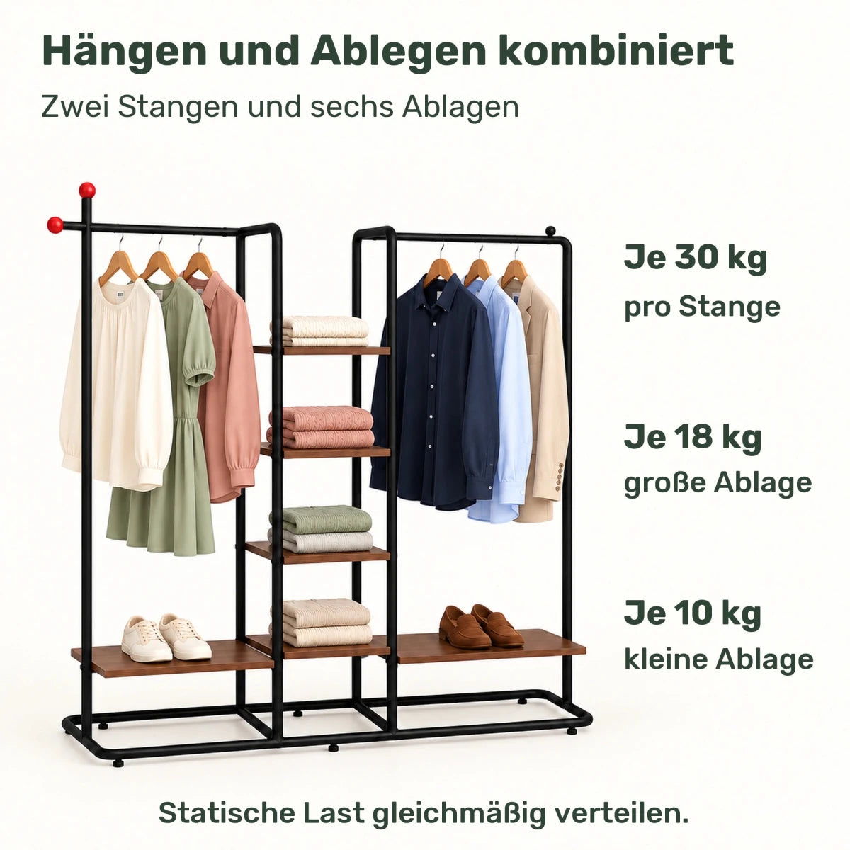 Schwerlast-Kleiderständer Milo – 136 kg, mit 2 Stangen und 6 Ablagen - nestful