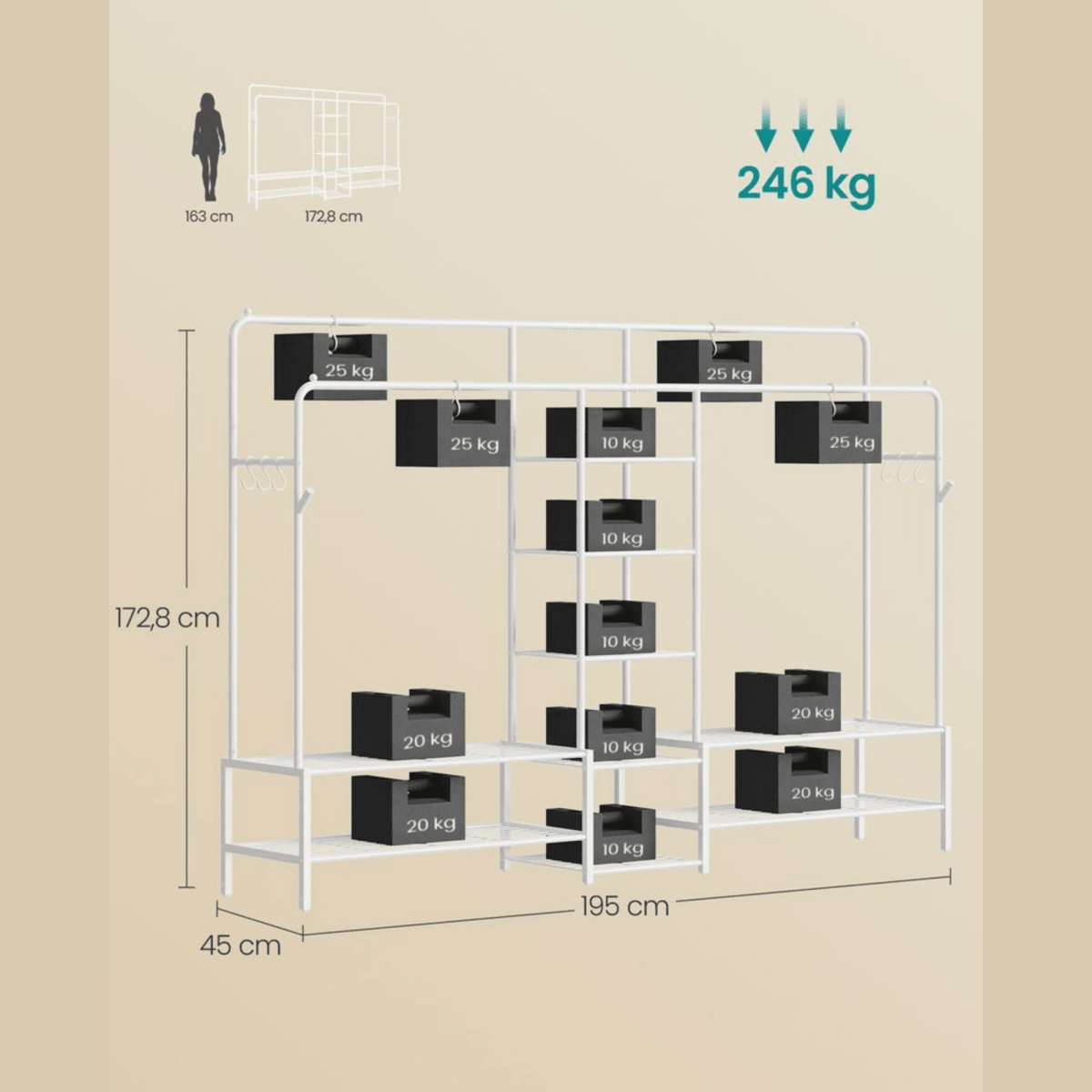 Schwerlast - Kleiderständer Schwarz – Leon – 150 kg, Stehend mit Ablagen - nestful