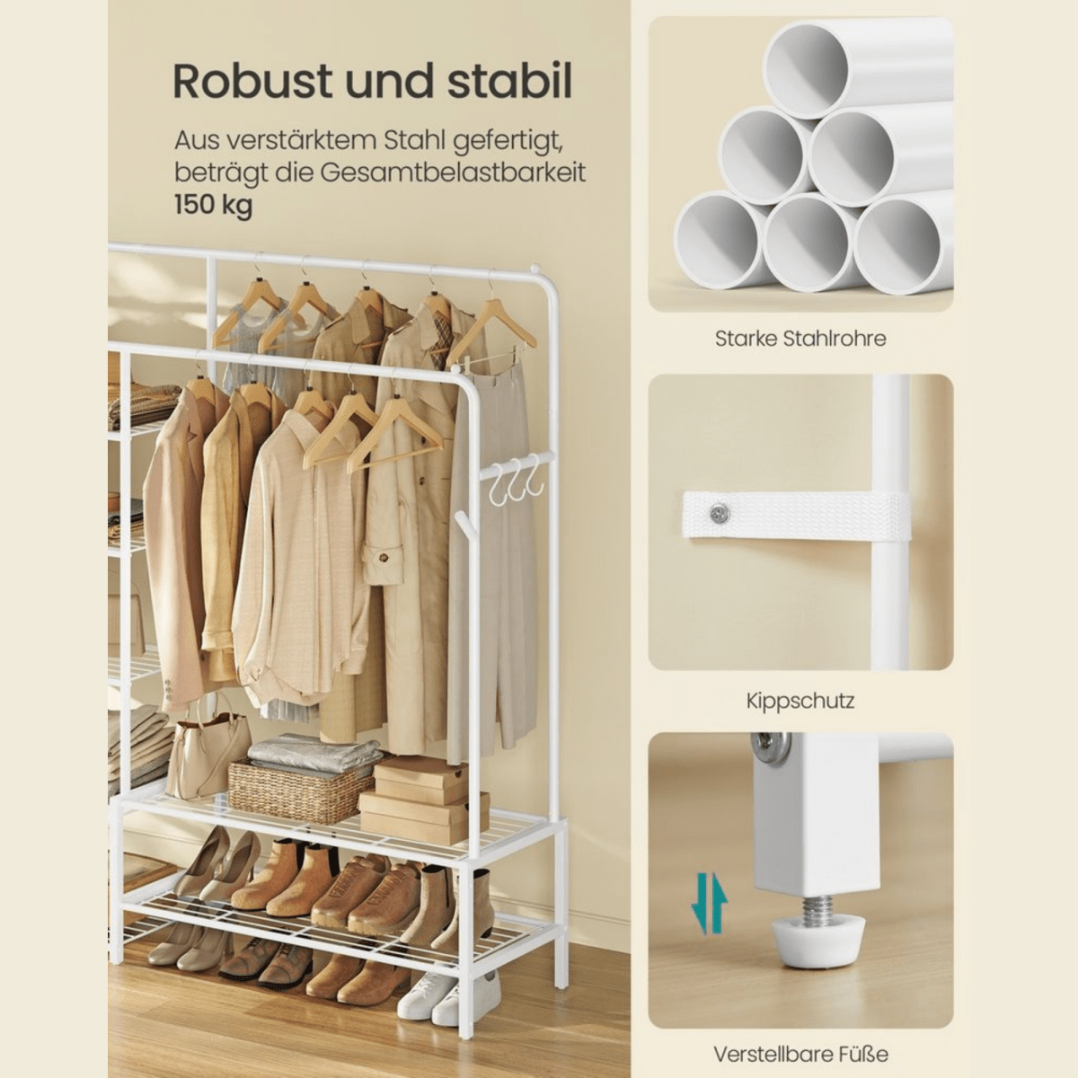 Schwerlast - Kleiderständer Schwarz – Leon – 150 kg, Stehend mit Ablagen - nestful