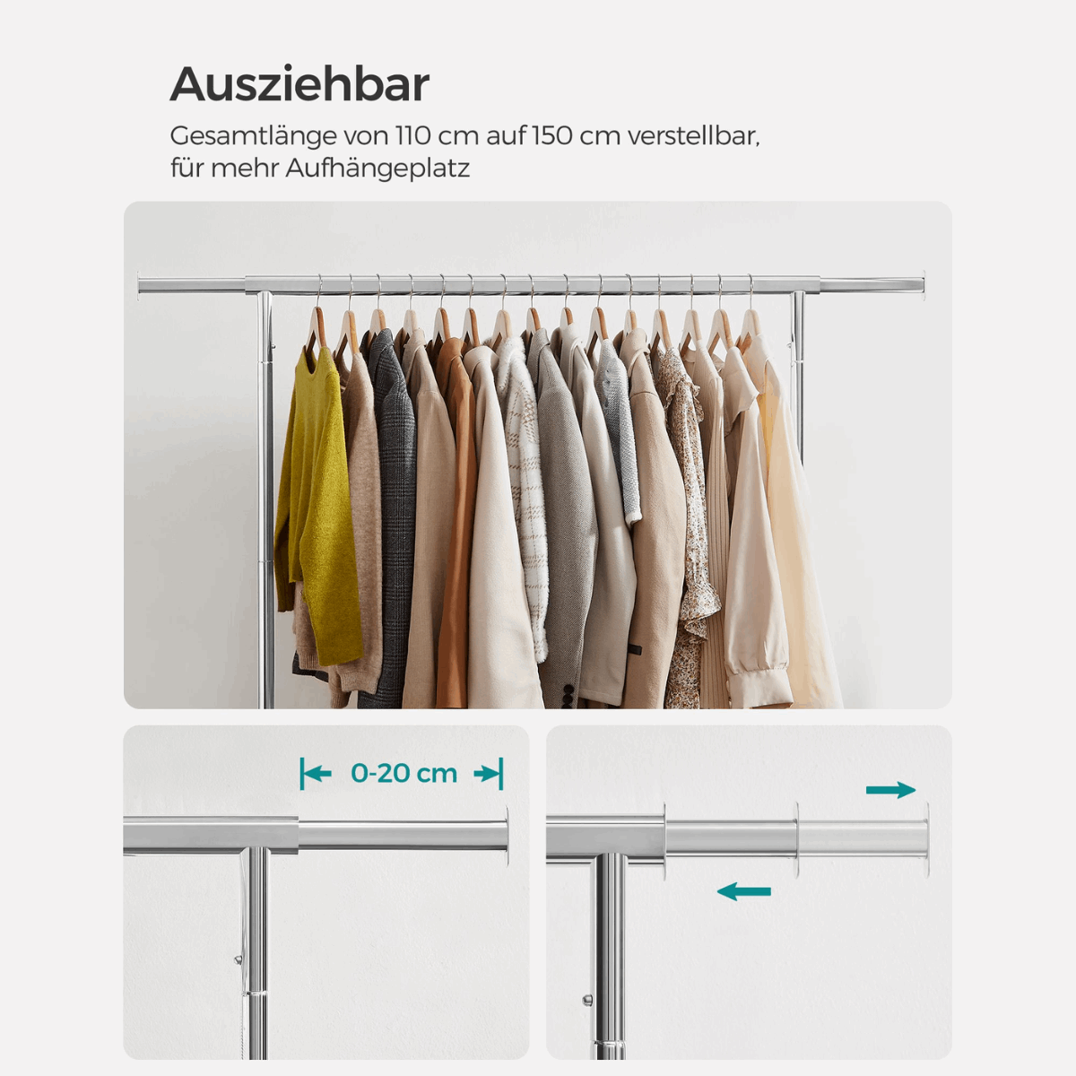 Schwerlast - Kleiderständer 130kg – Alex - Ausziehbar mit Rollen - nestful