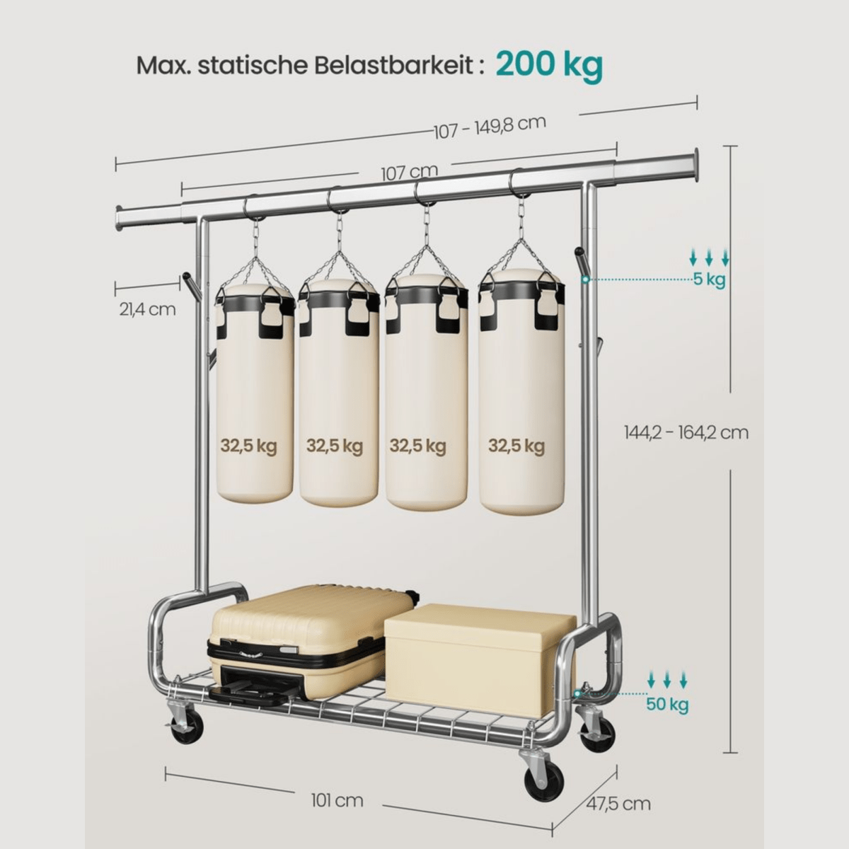 Schwerlast - Kleiderständer 200kg – Luca - Ausziehbar mit Rollen & Ablage - nestful
