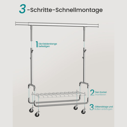 Schwerlast - Kleiderständer 200kg – Luca - Ausziehbar mit Rollen & Ablage - nestful