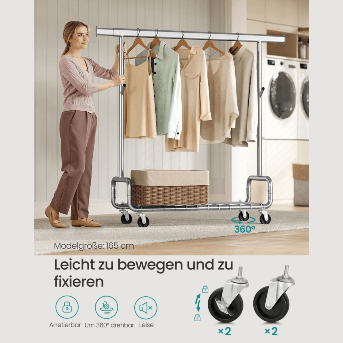 Schwerlast - Kleiderständer 200kg – Luca - Ausziehbar mit Rollen & Ablage - nestful