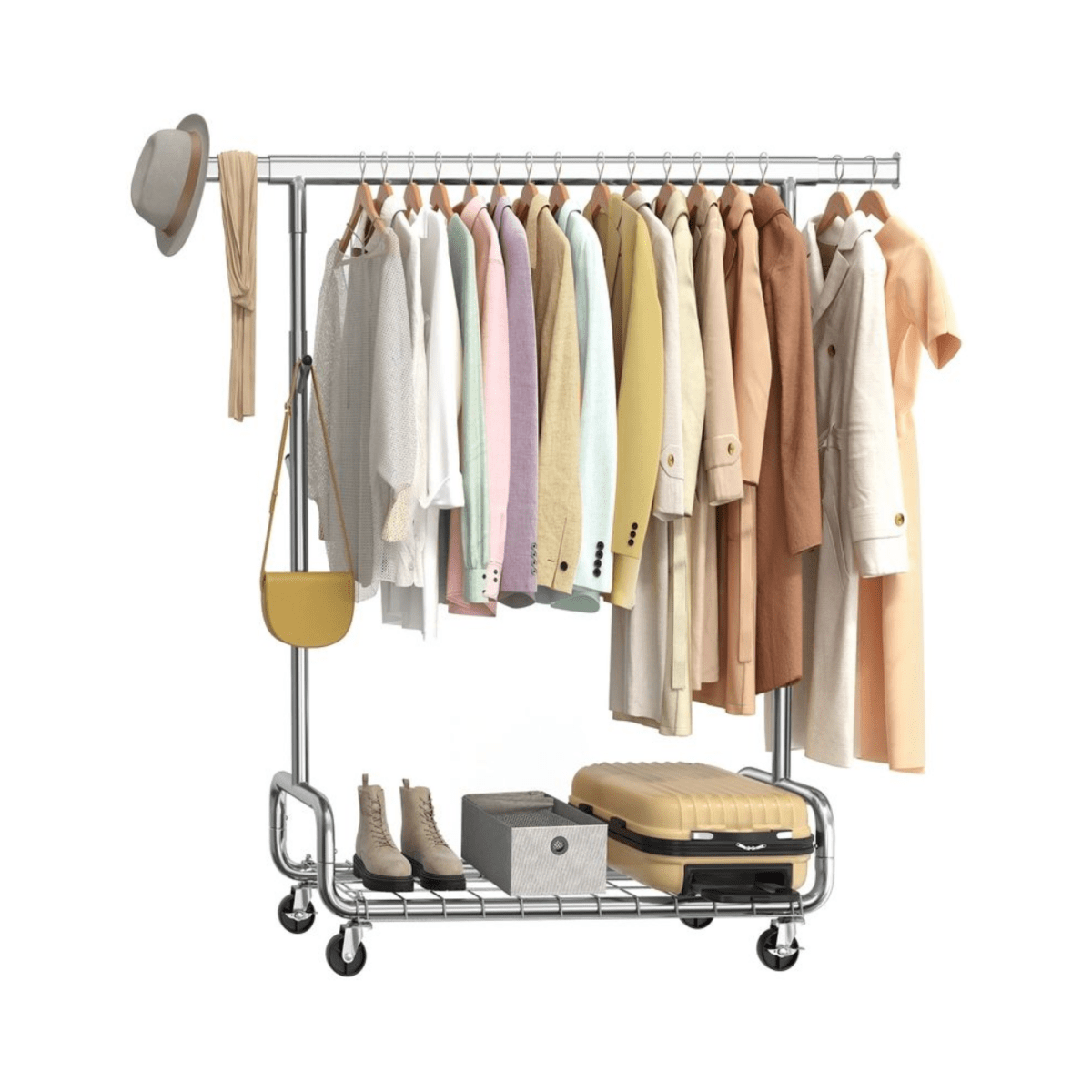 Schwerlast - Kleiderständer 200kg – Luca - Ausziehbar mit Rollen & Ablage - nestful