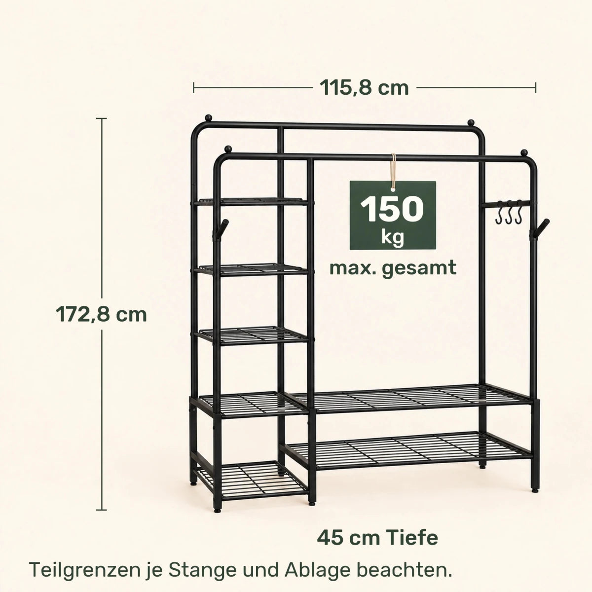 Schwerlast-Kleidersystem Leon – bis 246 kg, mit Stangen und Ablagen - nestful