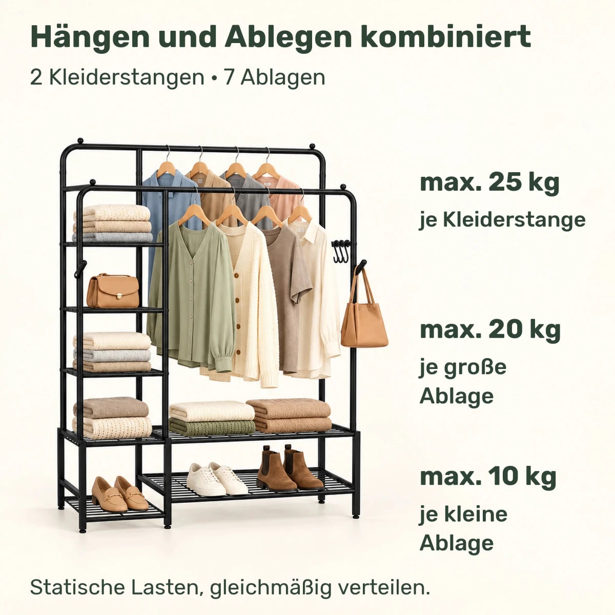 Schwerlast-Kleidersystem Leon – bis 246 kg, mit Stangen und Ablagen - nestful