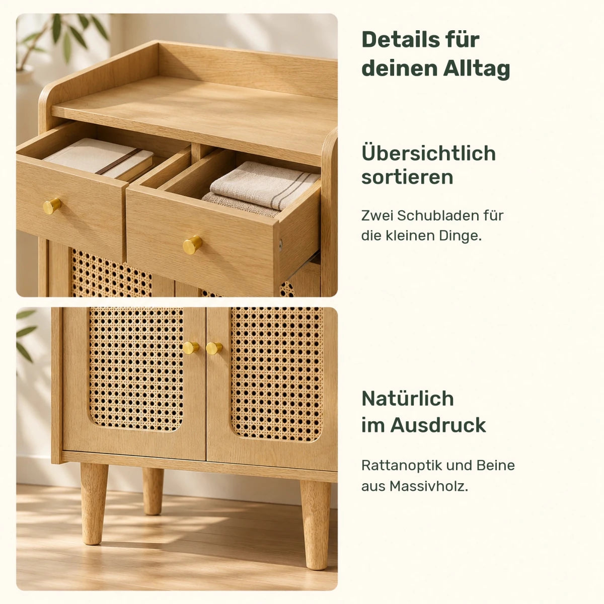 Sideboard 70 cm – Elian – mit 2 Schubladen und Rattanoptik - nestful