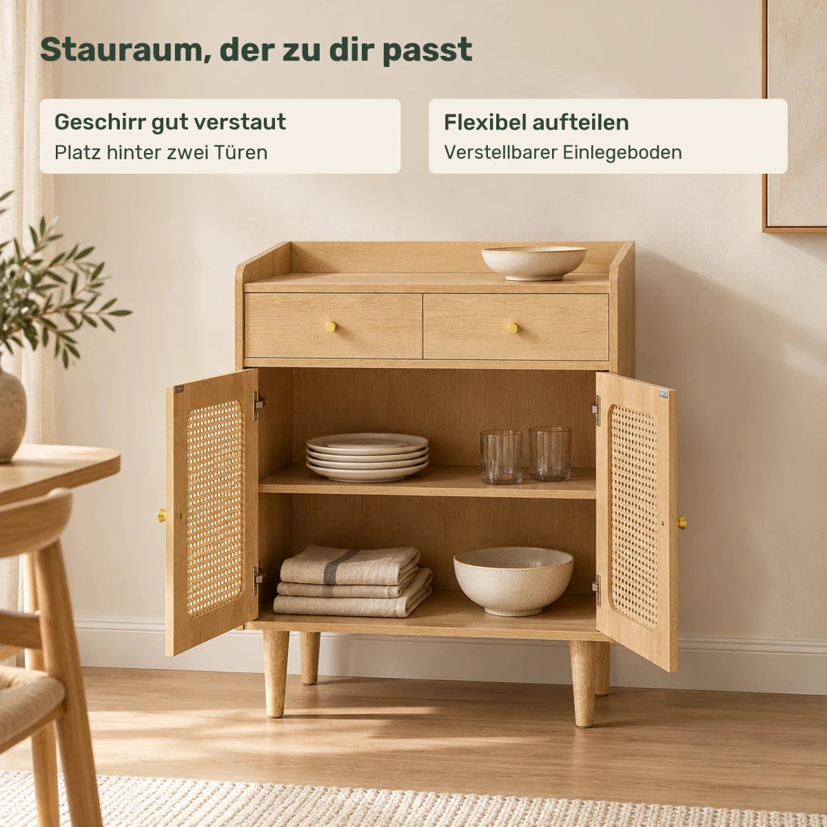 Sideboard 70 cm – Elian – mit 2 Schubladen und Rattanoptik - nestful