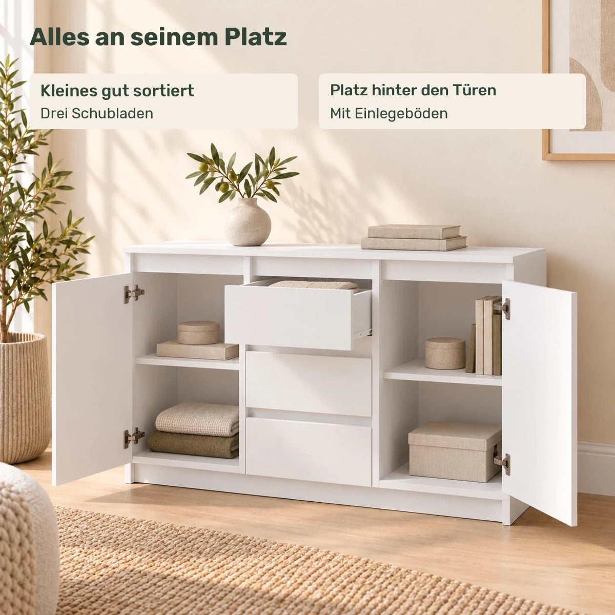 Sideboard mit 3 Schubladen Mikel – 120 cm, mit 2 Türen - nestful