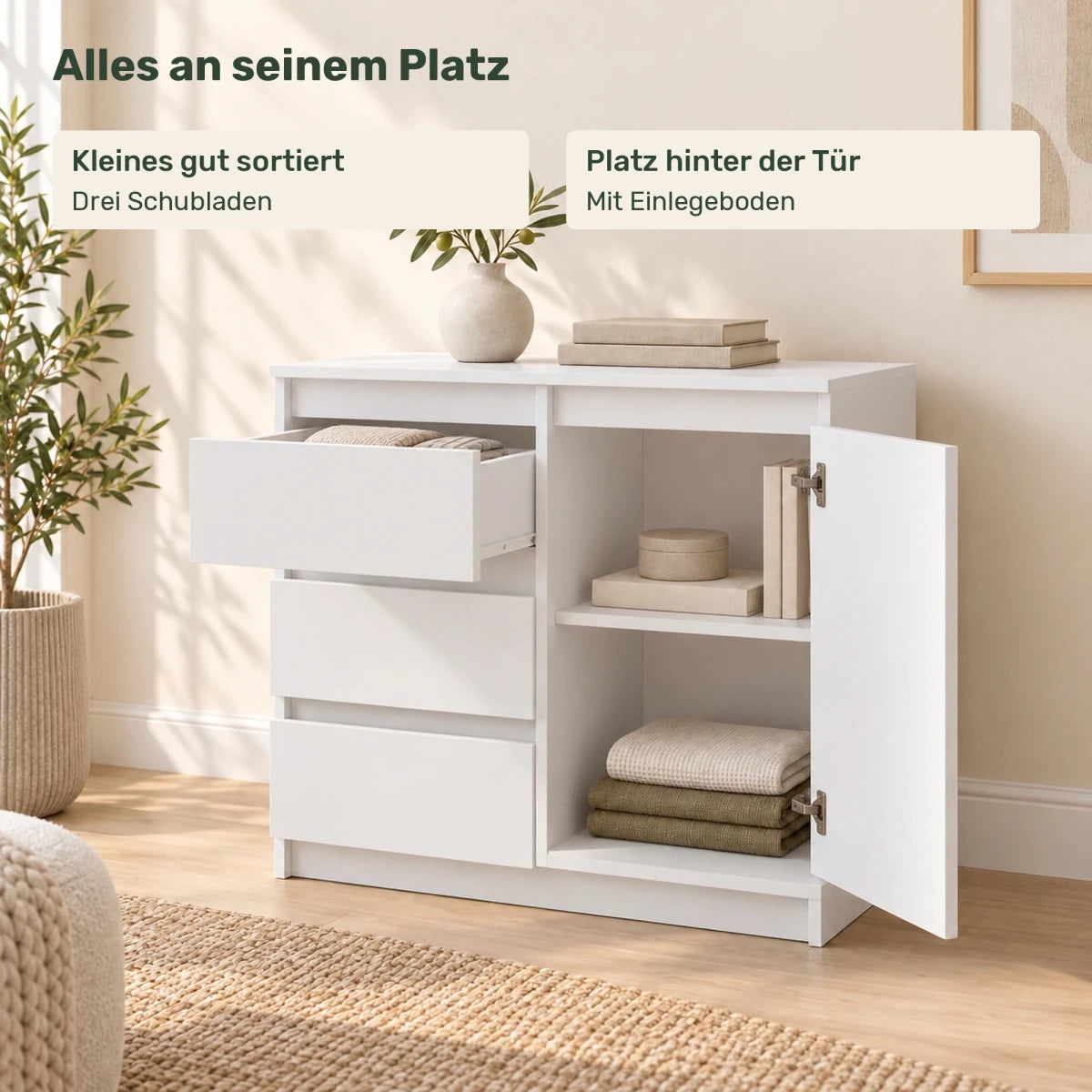 Sideboard mit 3 Schubladen Mikel – 80 cm, mit 1 Tür - nestful